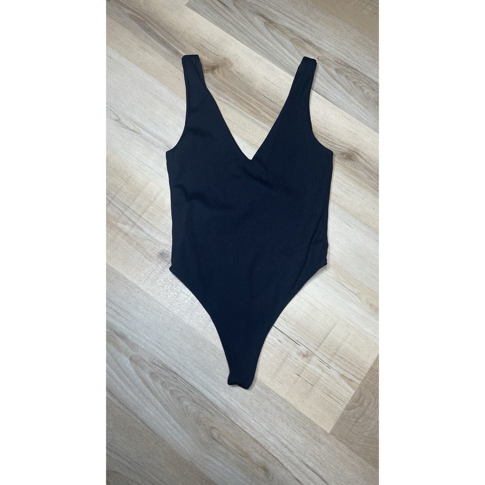 Black V-Neck Ribbed Bodysuit